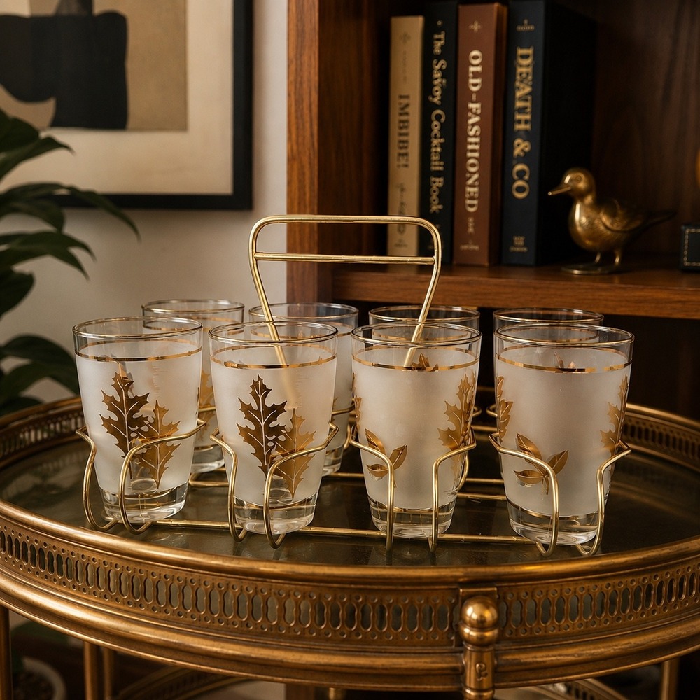 Libbey Golden Foliage Frosted Juice Glasses Set of 8 with Caddy